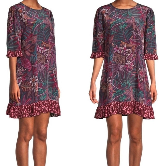 Johnny Was Dresses & Skirts - NWT Johnny Was Alicante Tunic Silk Shift Dress, Tropical Print, Ruffle Hem, XL.